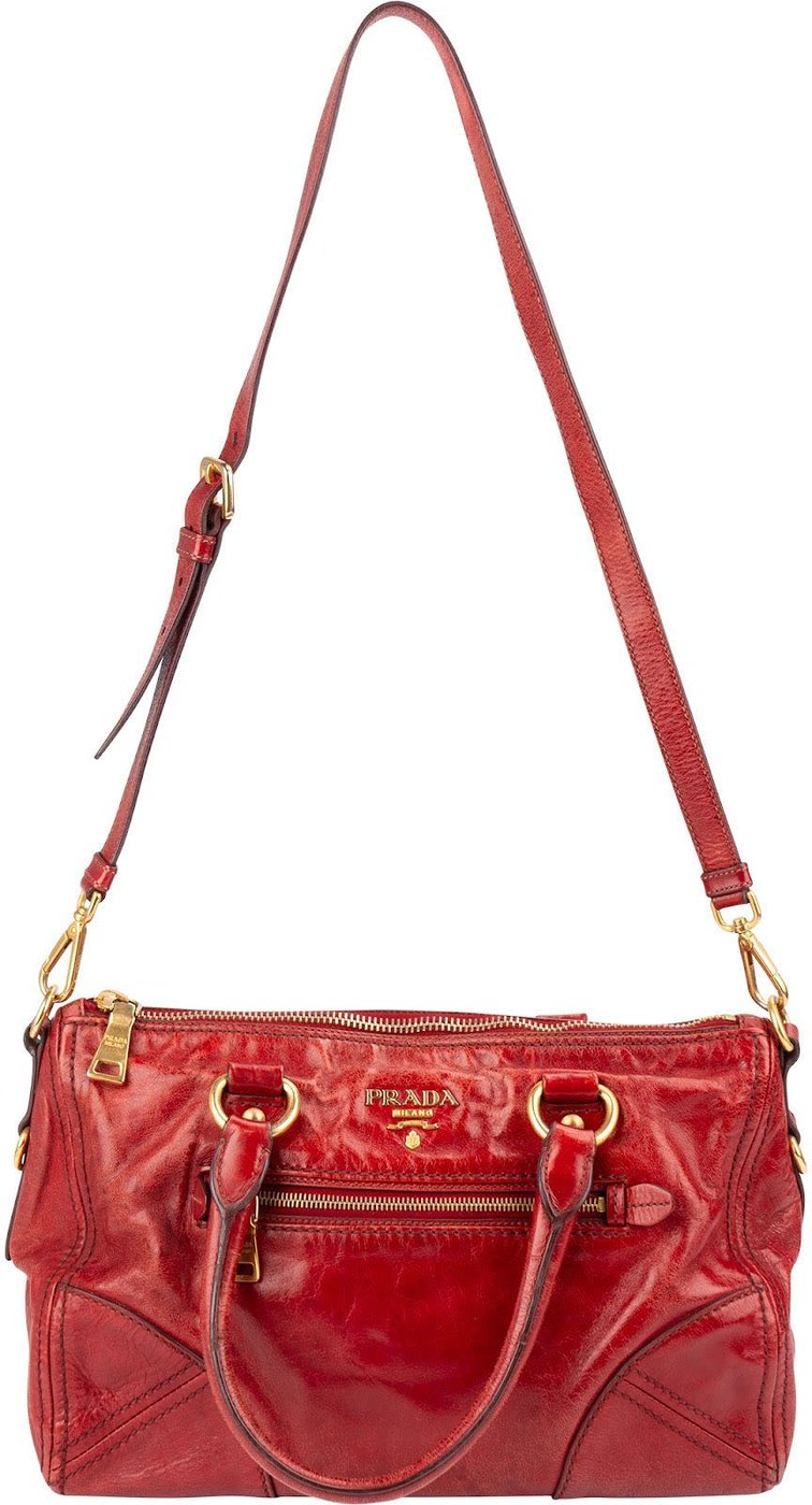 Prada Red Vitello Lux Leather Bauletto Handbag