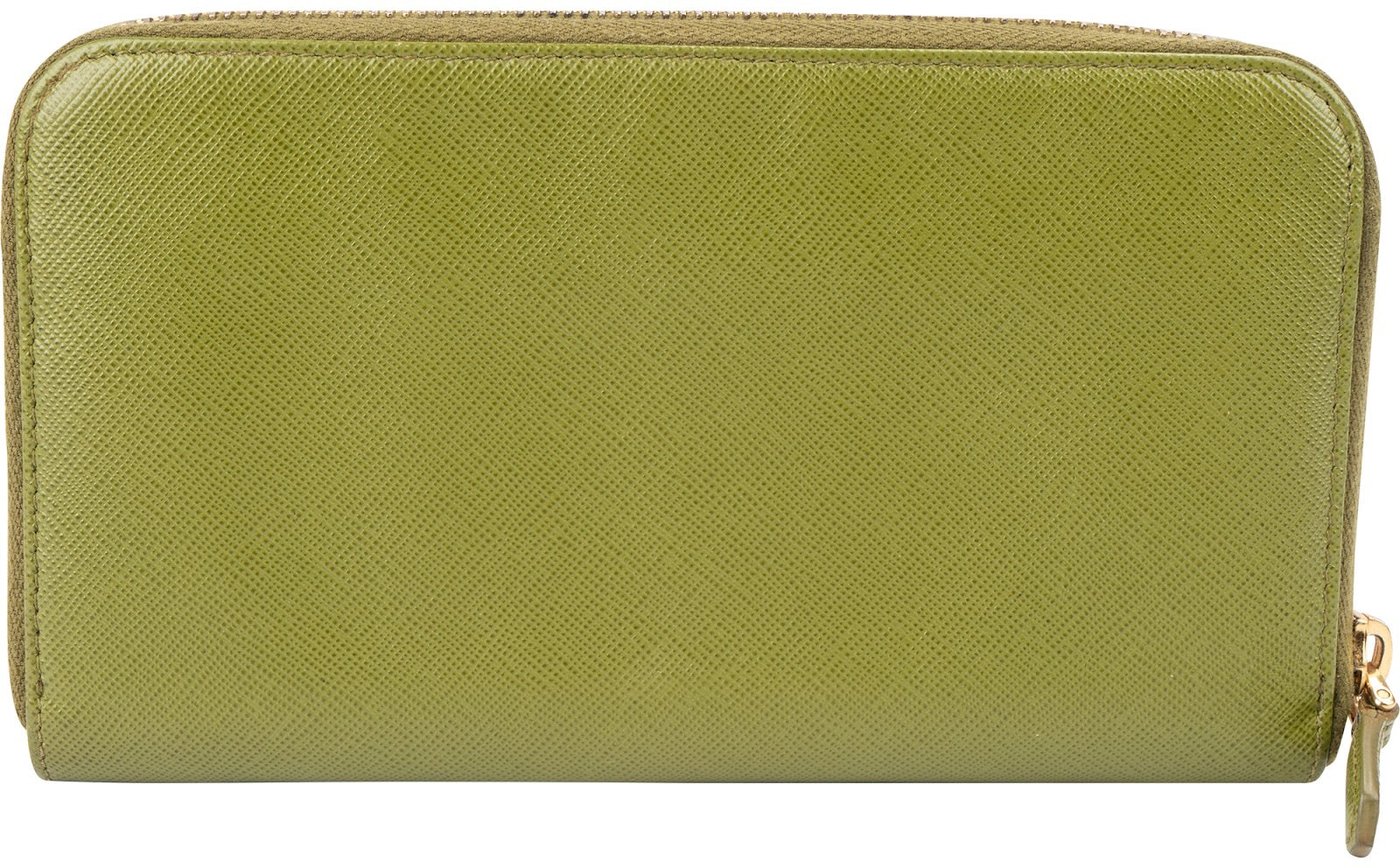 Prada Green Saffiano Leather Zip Around Wallet