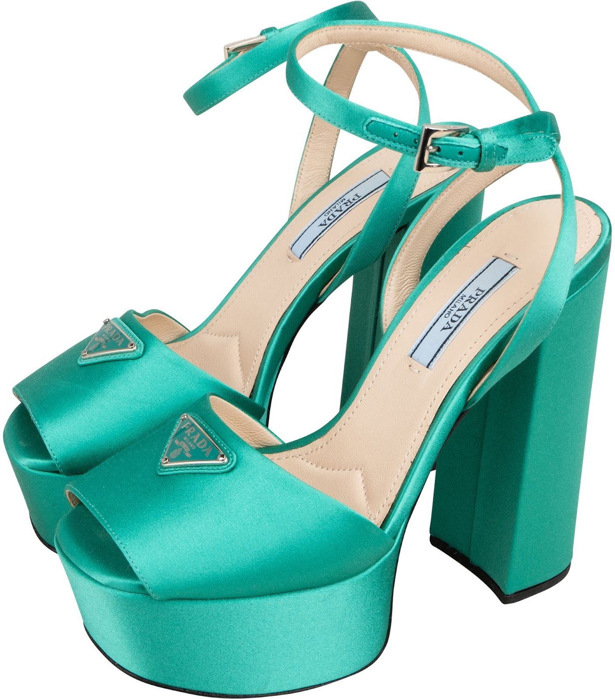 Prada Turquoise Satin Platform Block Sandals Heels (34,5)