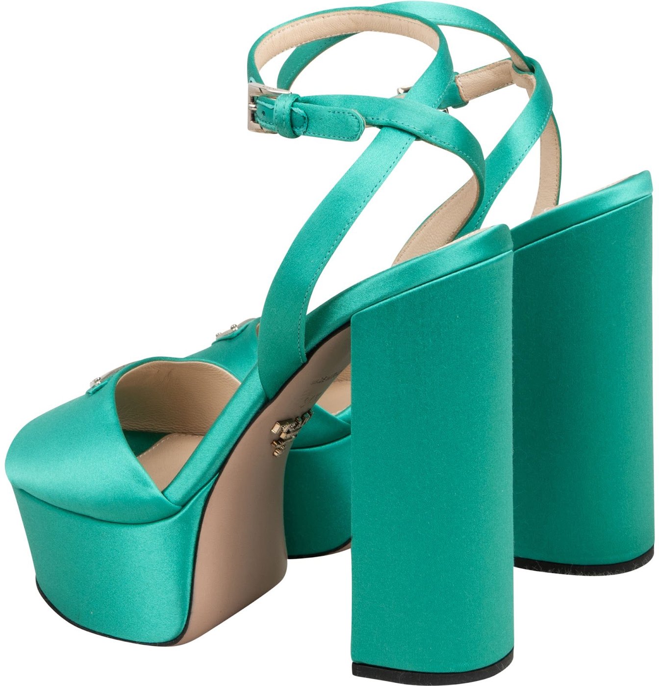 Prada Turquoise Satin Platform Block Sandals Heels (34,5)