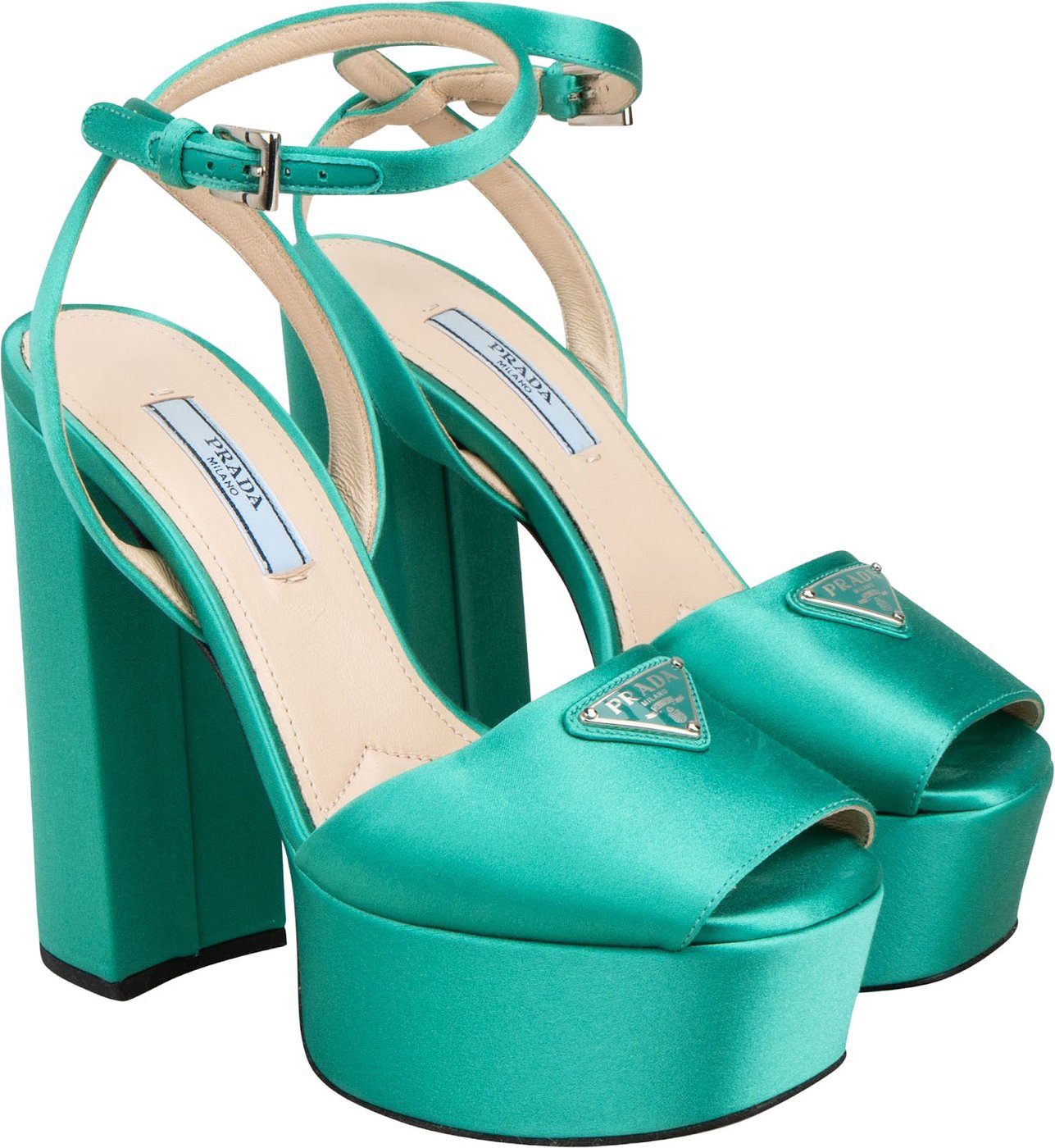 Prada Turquoise Satin Platform Block Sandals Heels (34,5)