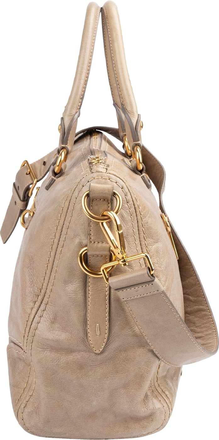 Prada Beige Vitello Shine Leather Bowler Handbag