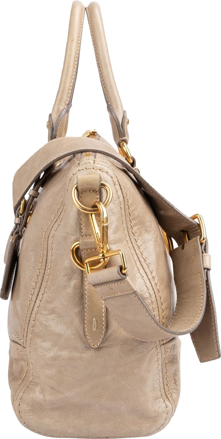 Prada Beige Vitello Shine Leather Bowler Handbag