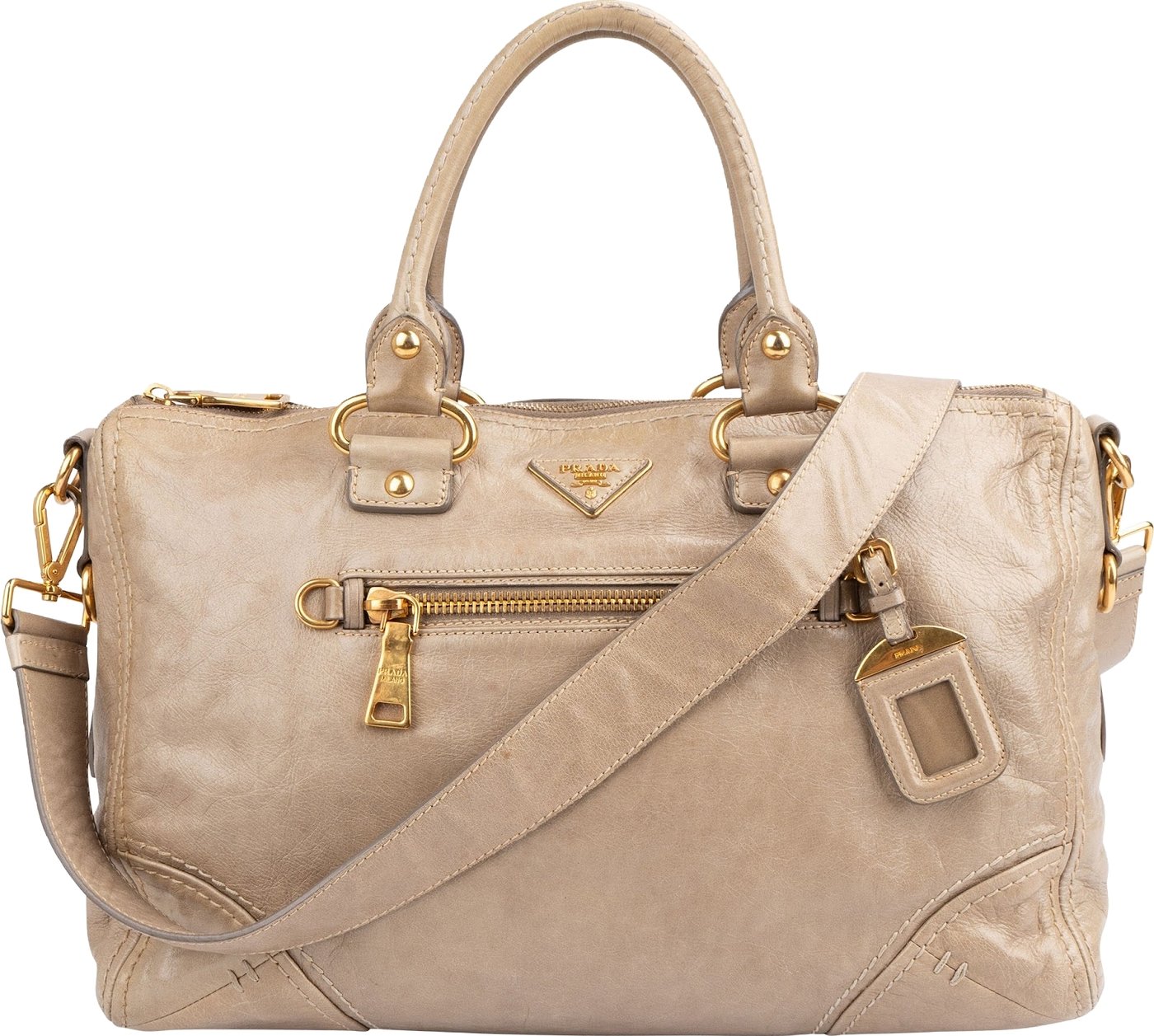 Prada Beige Vitello Shine Leather Bowler Handbag