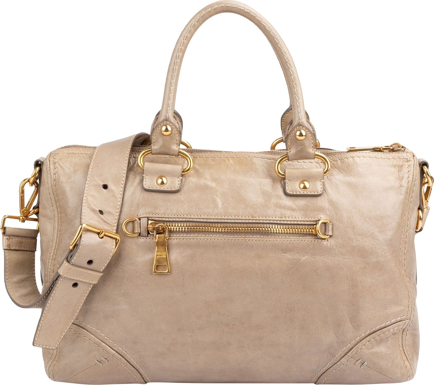 Prada Beige Vitello Shine Leather Bowler Handbag