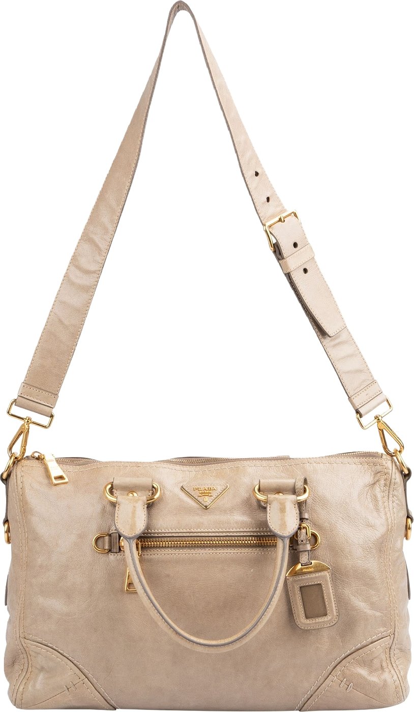 Prada Beige Vitello Shine Leather Bowler Handbag