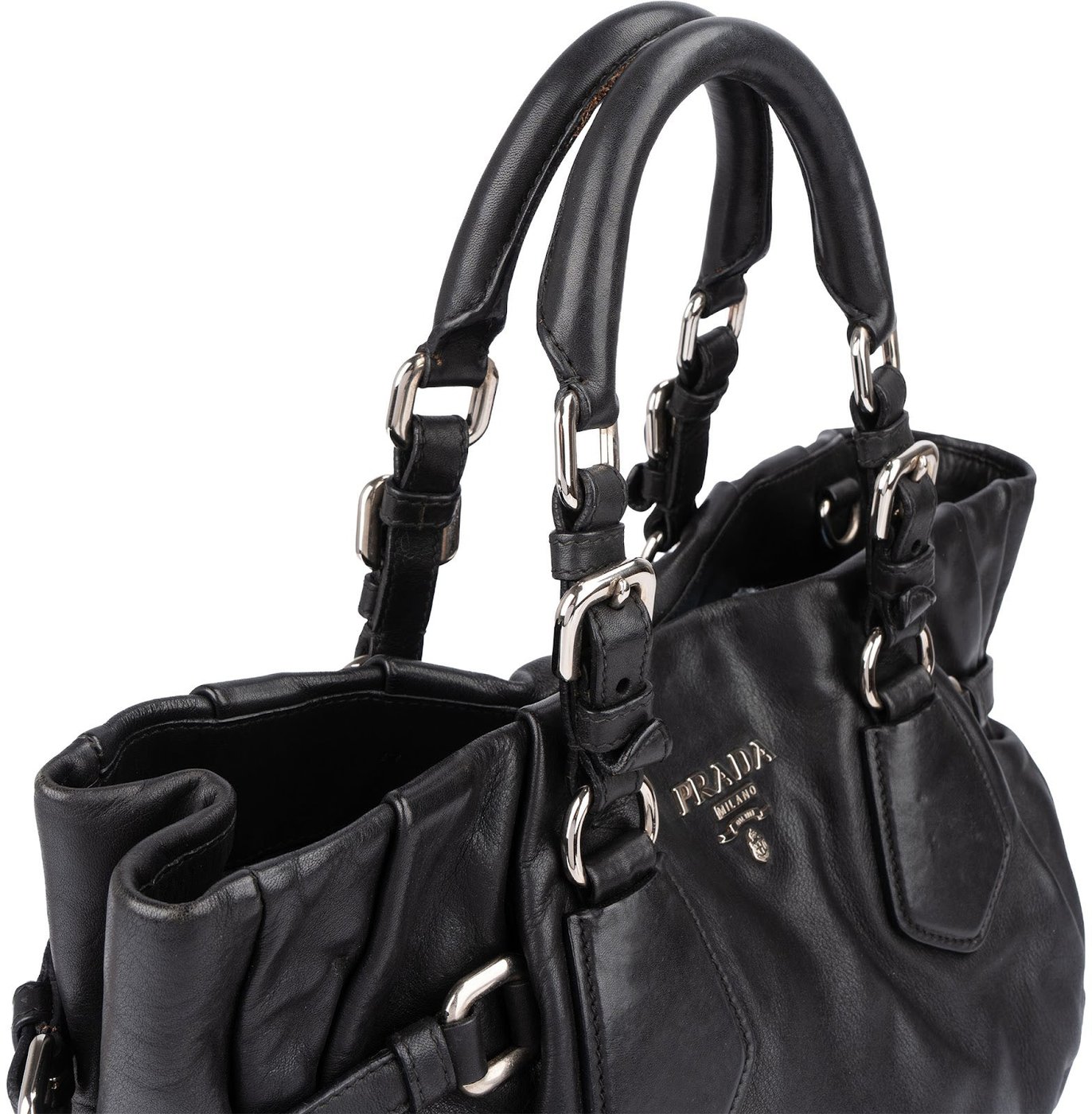 Prada Black Nappa Leather Ruched Tote Handbag
