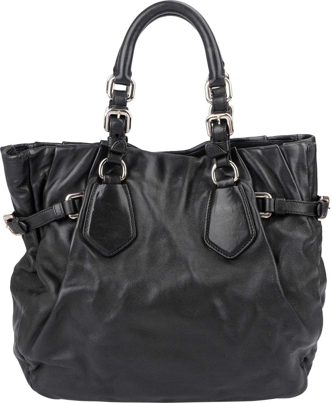 Prada Black Nappa Leather Ruched Tote Handbag
