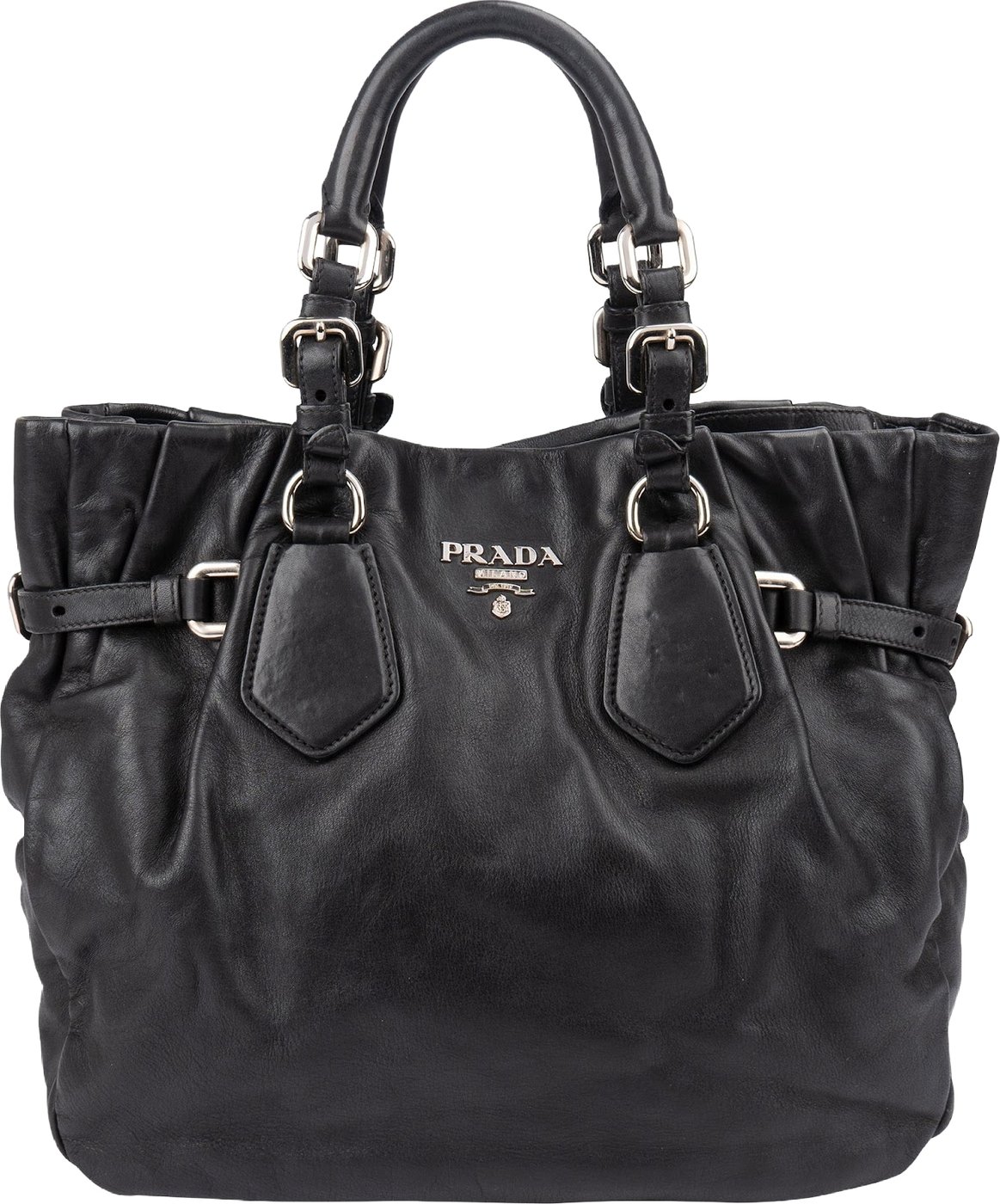 Prada Black Nappa Leather Ruched Tote Handbag