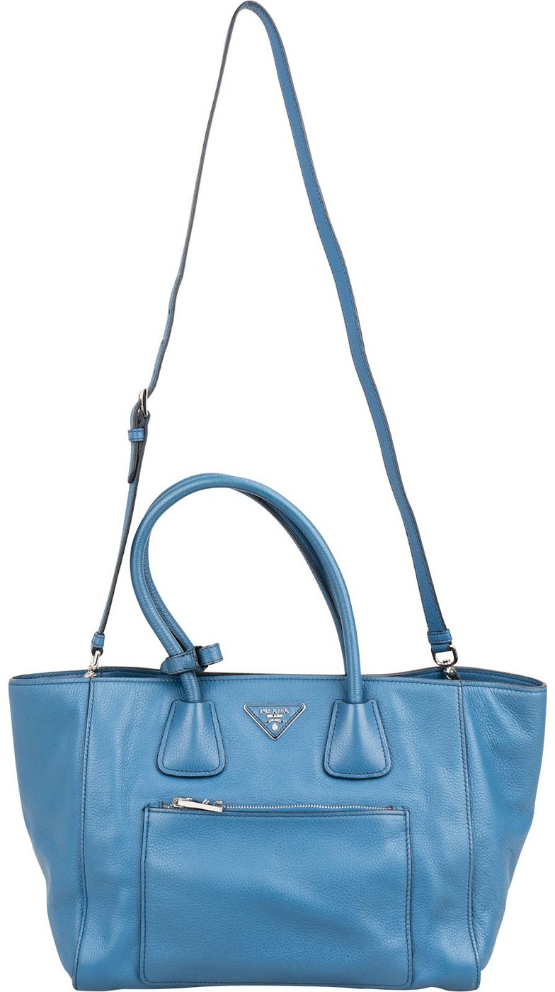 Prada Blue Vitello Daino Leather Shopping Luggage Handbag