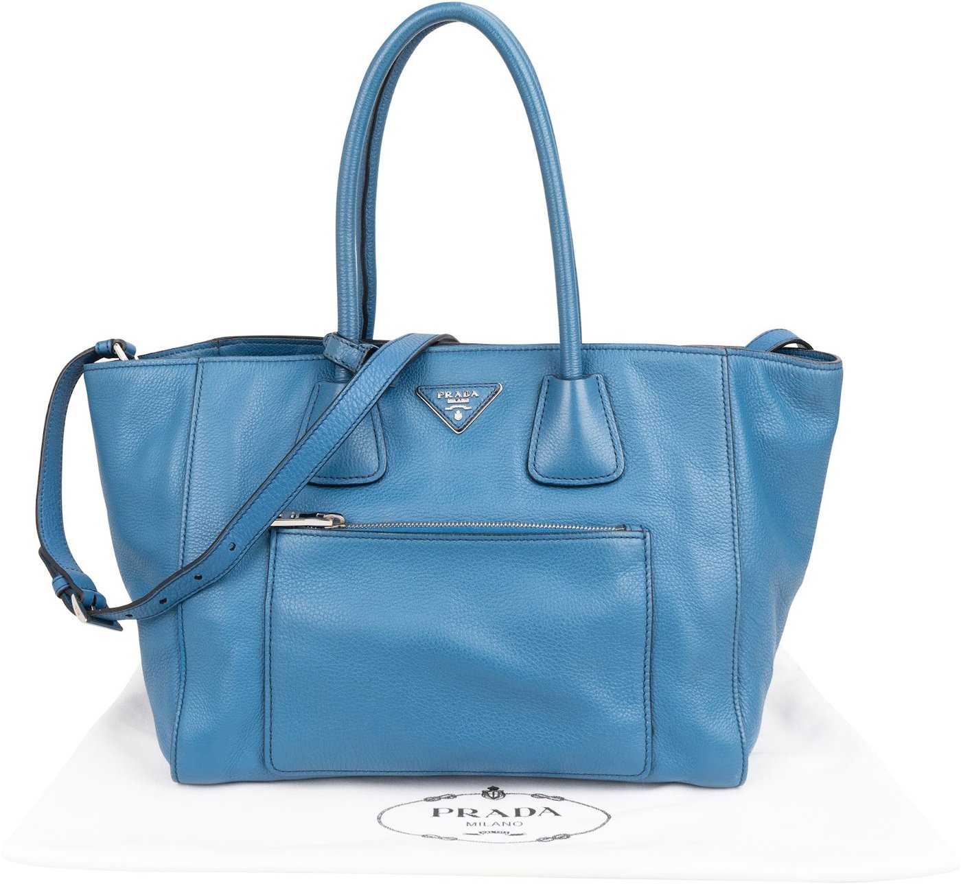 Prada Blue Vitello Daino Leather Shopping Luggage Handbag