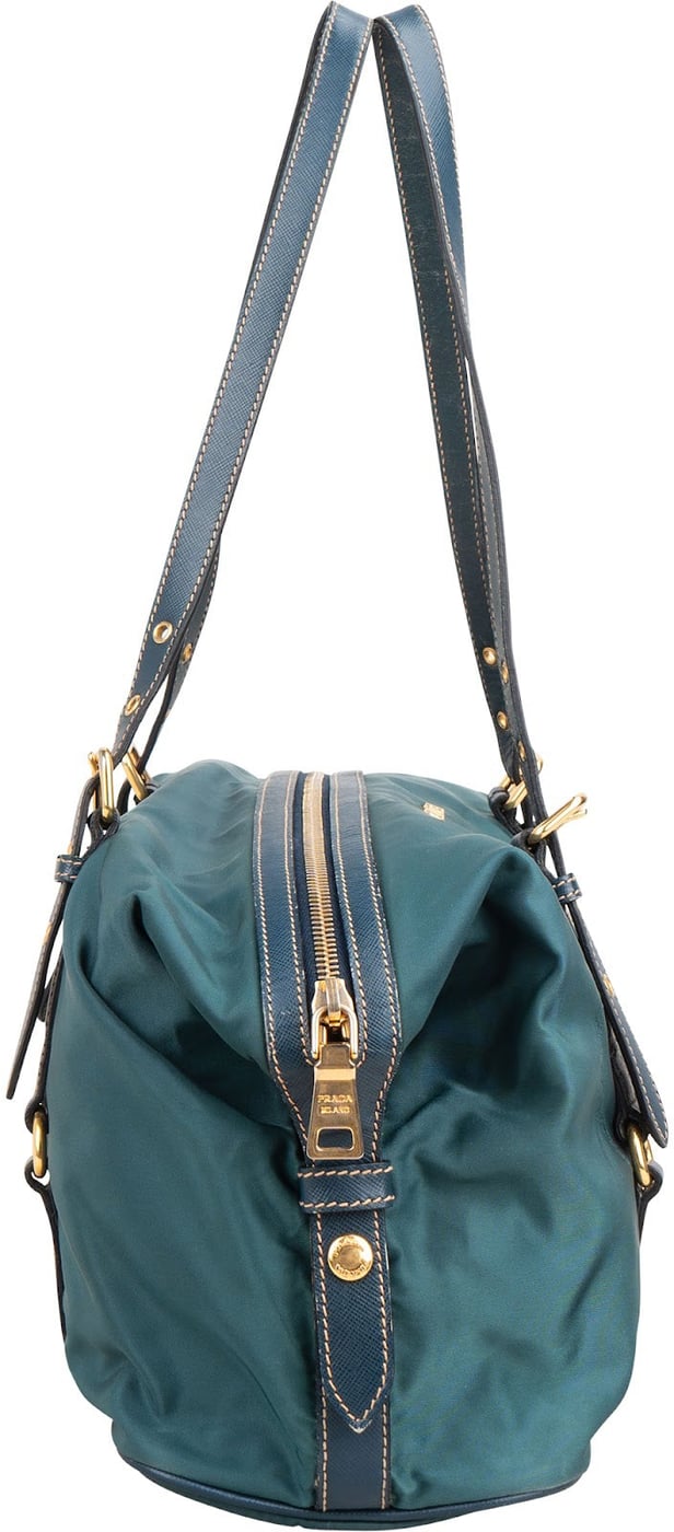 Prada Petrol Tessuto Ricamo Bowler Shoulder Bag