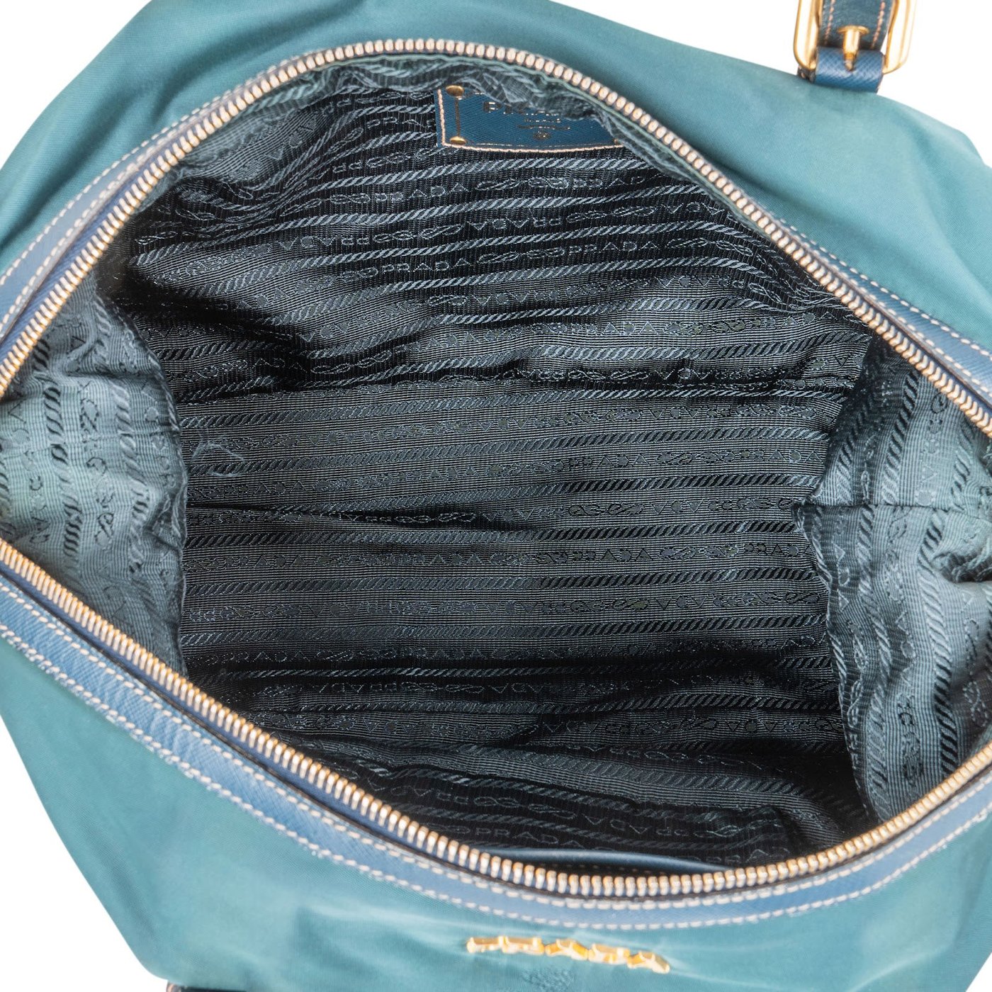 Prada Petrol Tessuto Ricamo Bowler Shoulder Bag