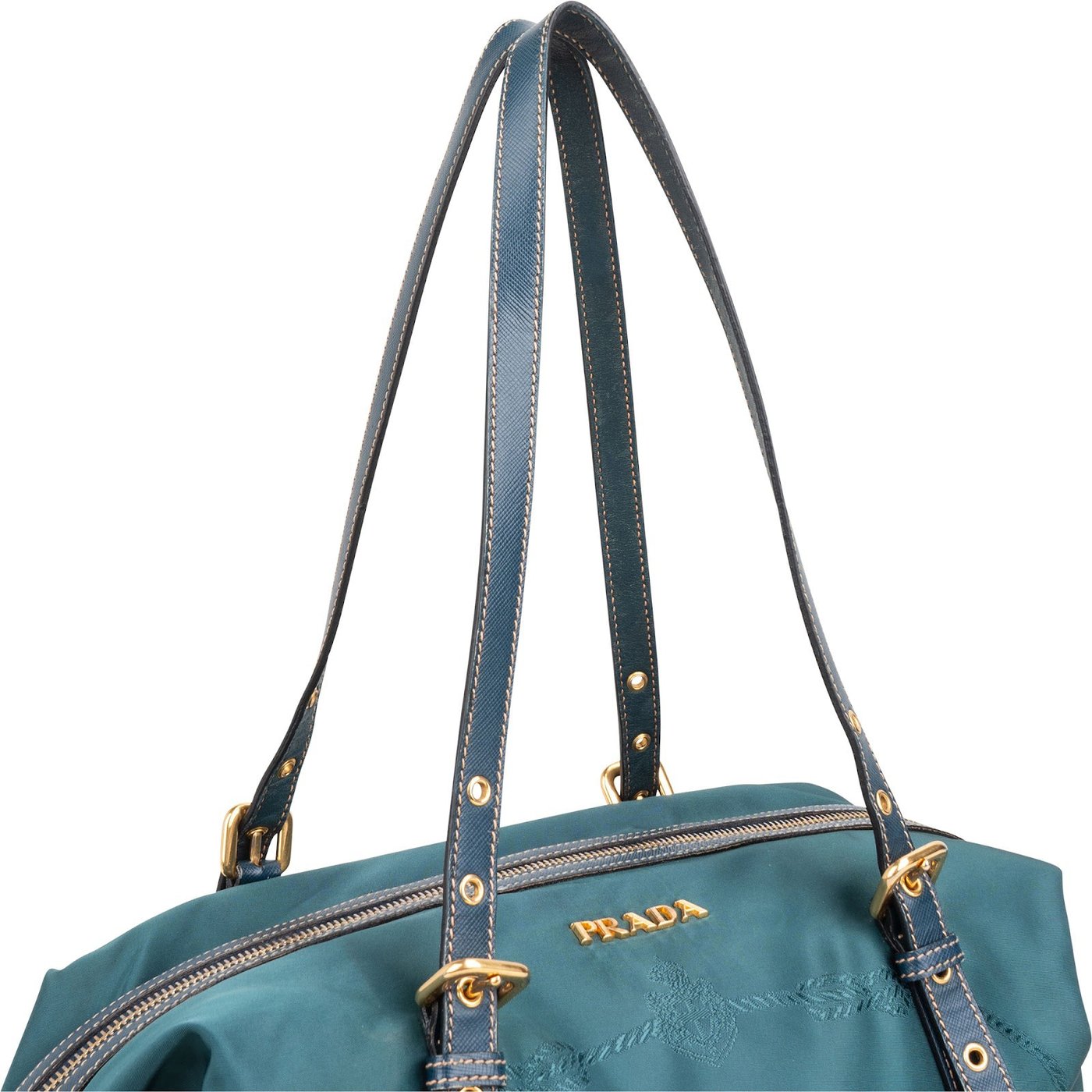 Prada Petrol Tessuto Ricamo Bowler Shoulder Bag