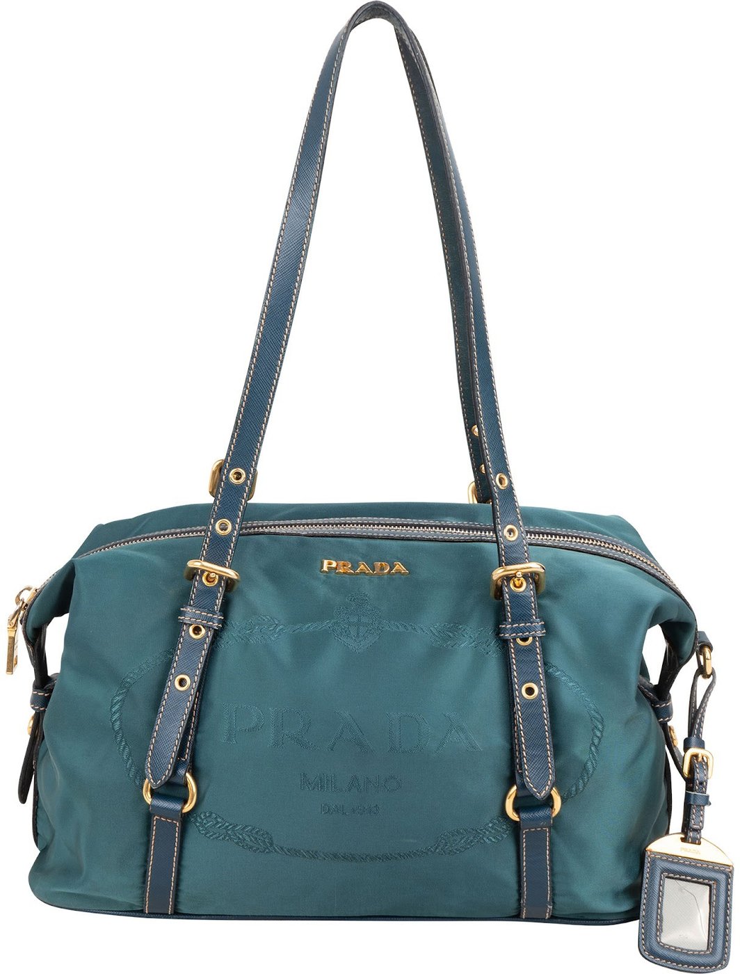 Prada Petrol Tessuto Ricamo Bowler Shoulder Bag