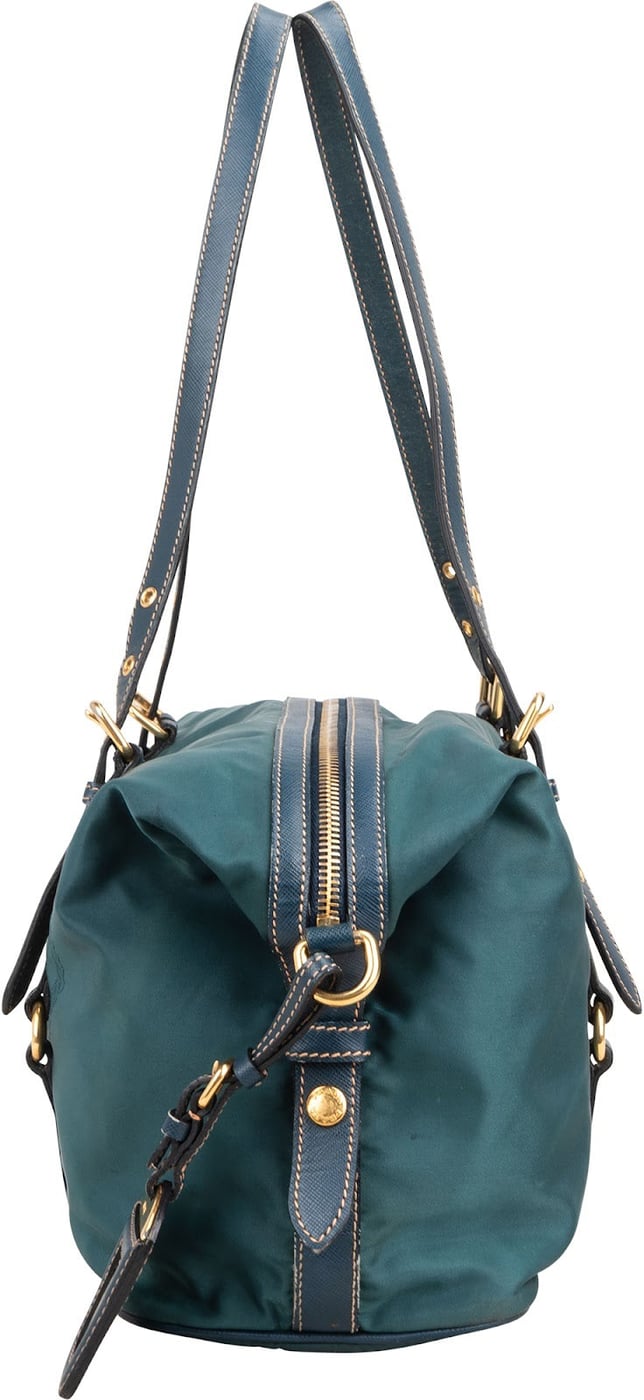 Prada Petrol Tessuto Ricamo Bowler Shoulder Bag
