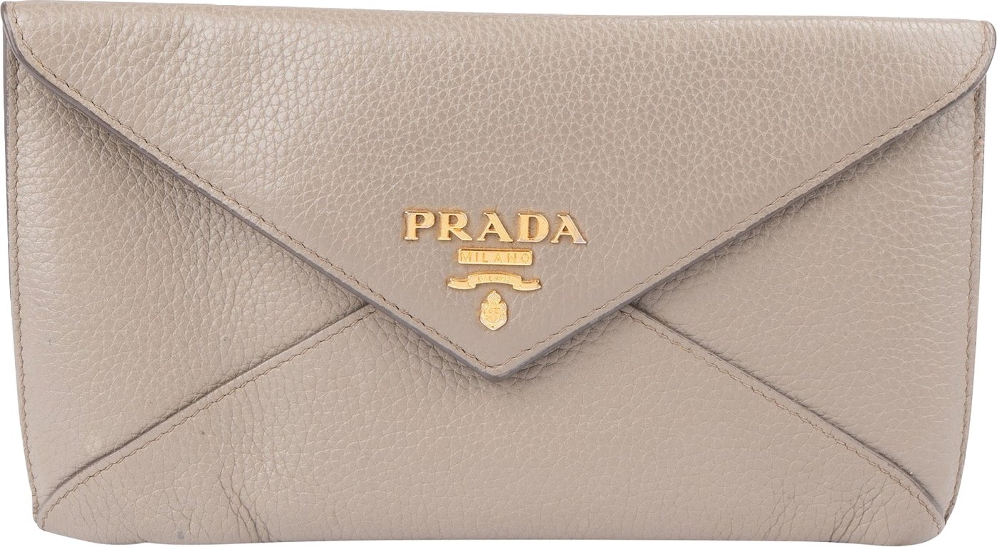 Prada Grey Vitello Grain Envelope Wallet Pouch