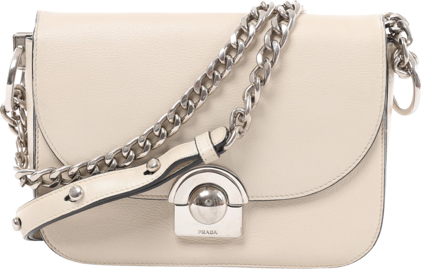 Prada Arcade Glace Leather Chain Crossbody Bag in White