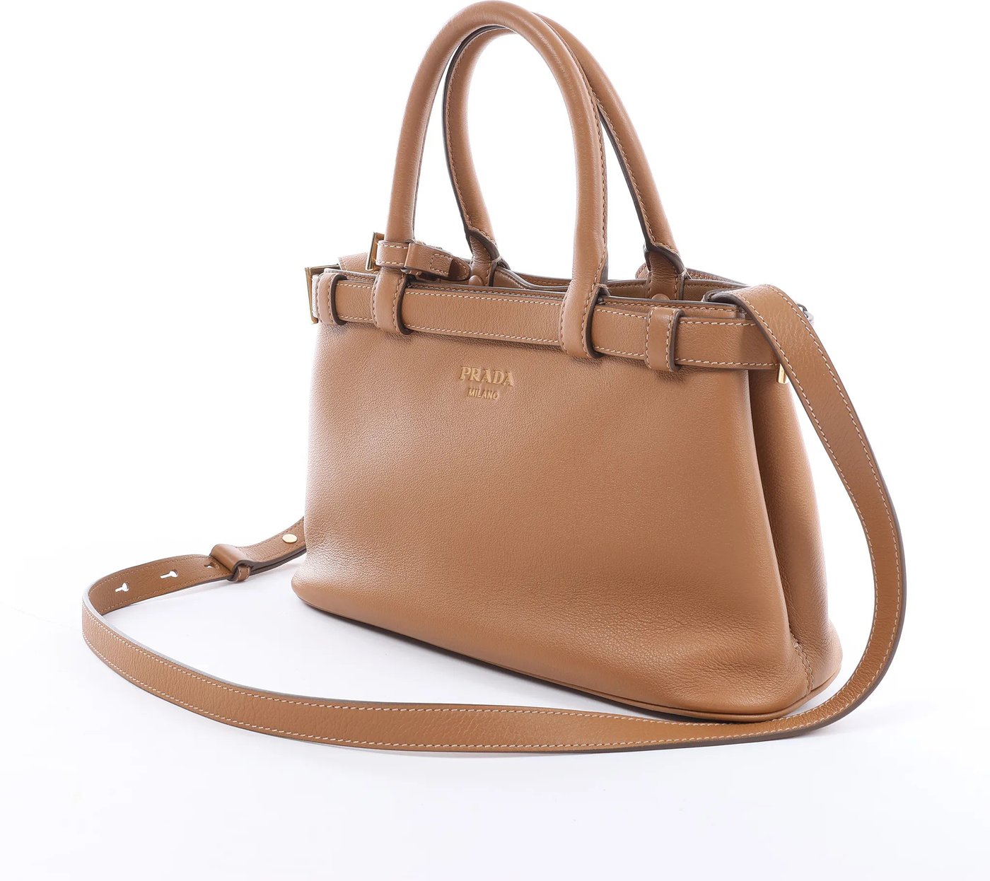 Prada Buckle Soft Grain Leather Small 2Way Handbag in Brown 1BA418