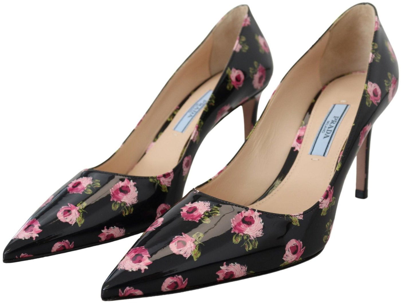 Prada Black Leather Floral Heels Stilettos Pumps