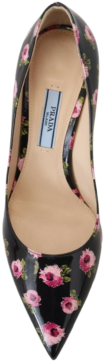 Prada Black Leather Floral Heels Stilettos Pumps