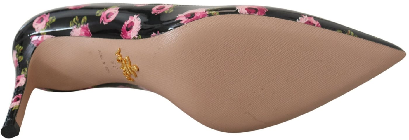 Prada Black Leather Floral Heels Stilettos Pumps