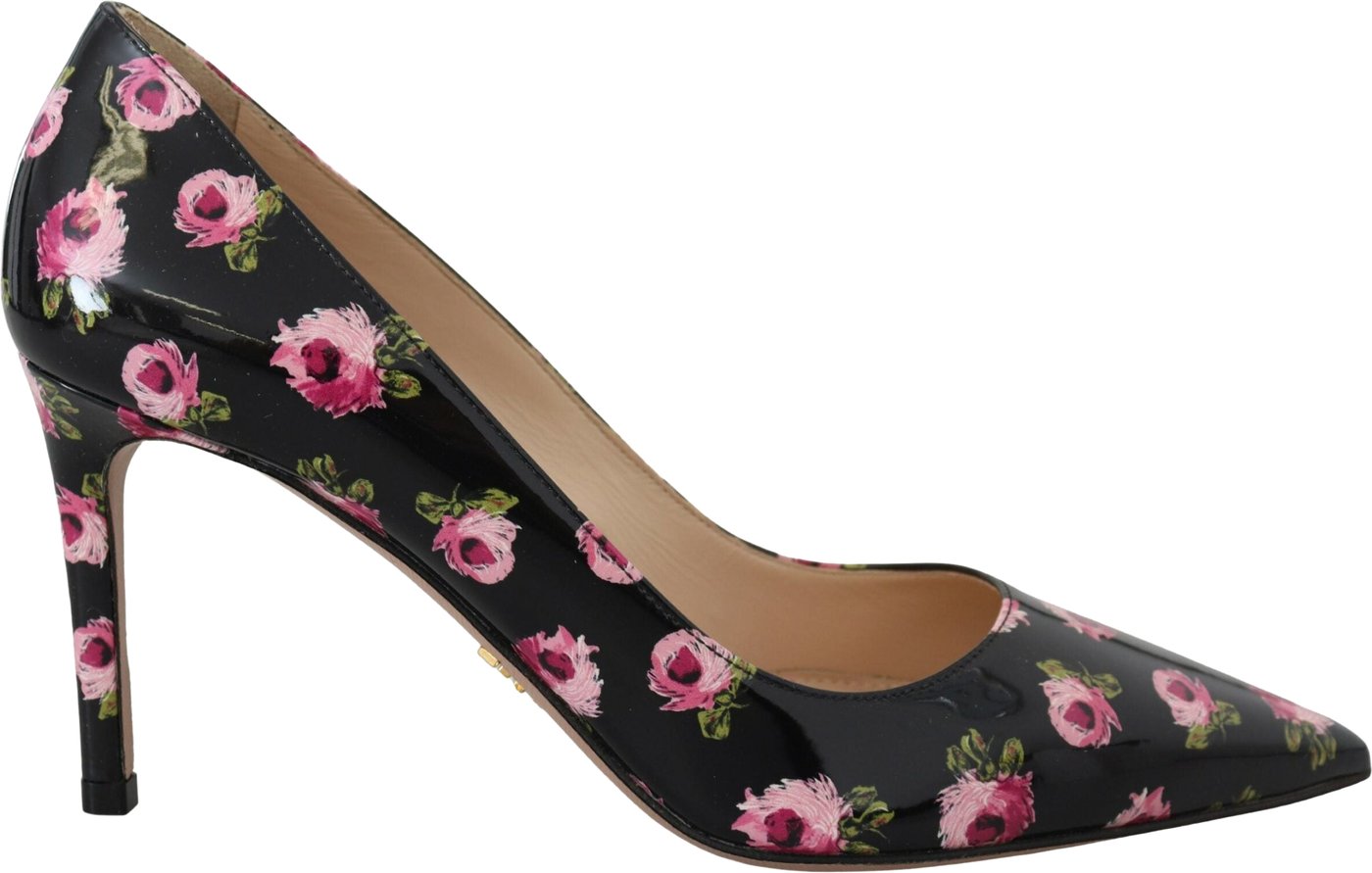 Prada Black Leather Floral Heels Stilettos Pumps