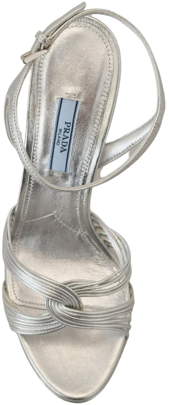 Prada Silver Leather Sandals Ankle Strap Heels Stiletto