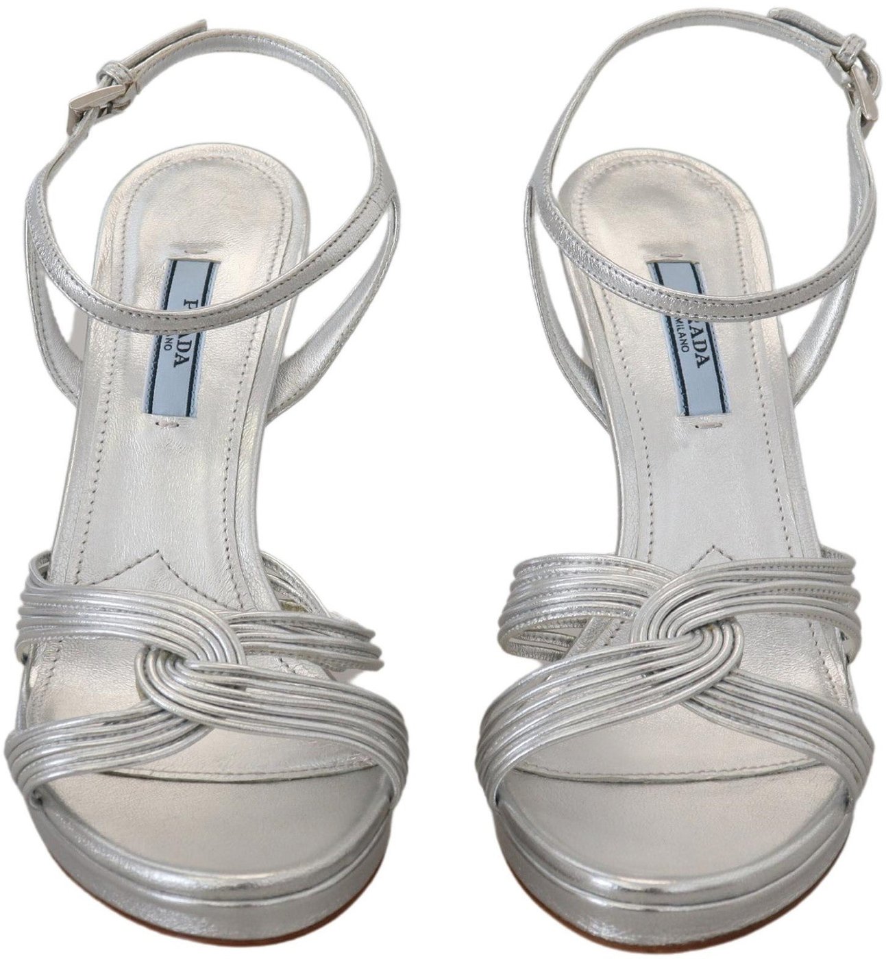 Prada Silver Leather Sandals Ankle Strap Heels Stiletto
