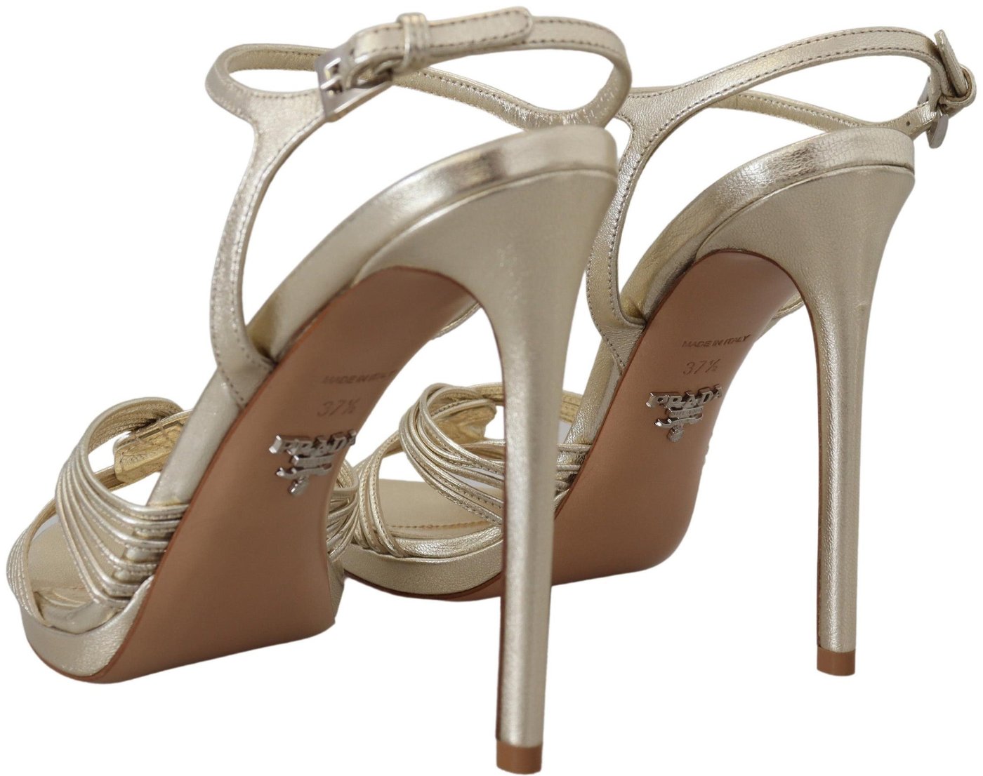 Prada Gold Leather Sandals Ankle Strap Heels Stiletto Sandal