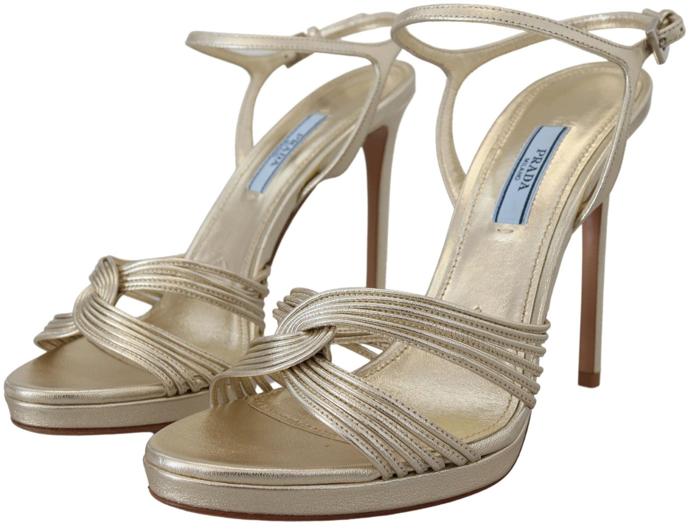 Prada Gold Leather Sandals Ankle Strap Heels Stiletto Sandal
