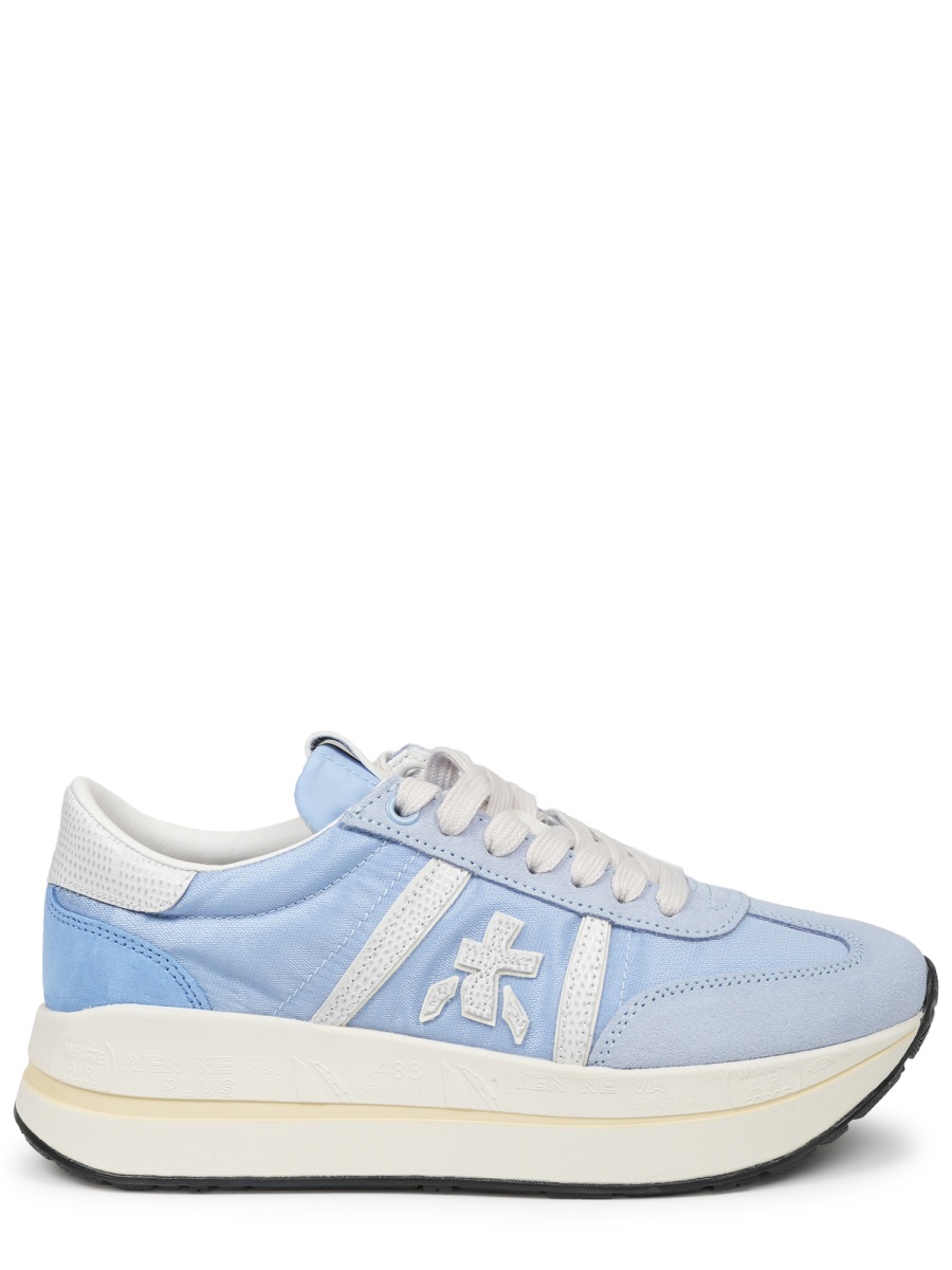 Soft Blue Sneakers with Distinctive Logo and Contrasting Outsole