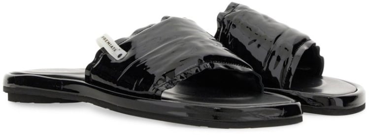 Black Lamb Leather Slide Sandal With Glossy Finish