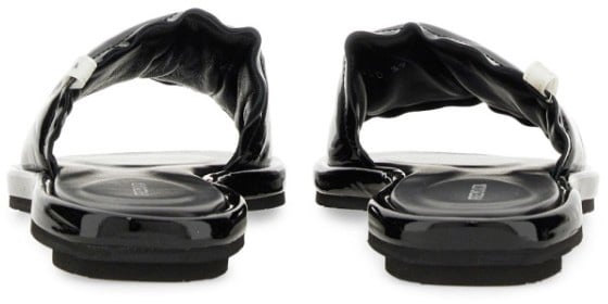 Black Lamb Leather Slide Sandal With Glossy Finish