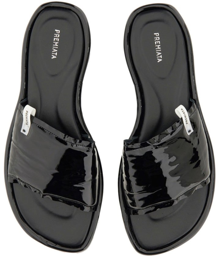 Black Lamb Leather Slide Sandal With Glossy Finish