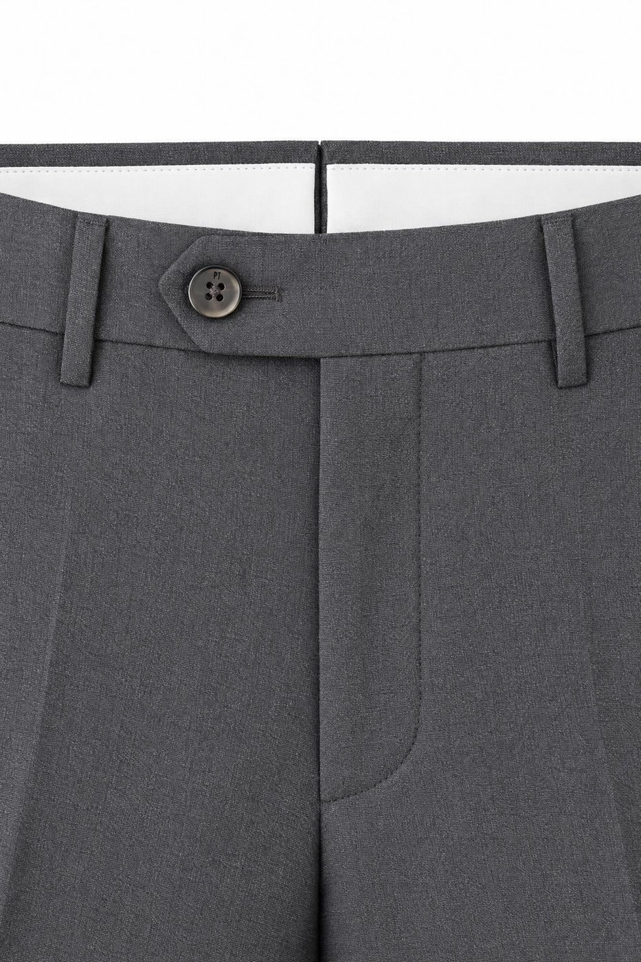 Pt Torino Pantaloni PT Torino grigi con piega stirata, bottone inciso PT e cinturino interno bianco a vista in cima alla vita.