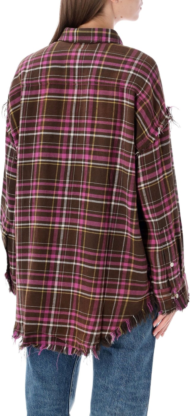 Shredded Seam Drop Neck Shirt Brown Pink Plaid