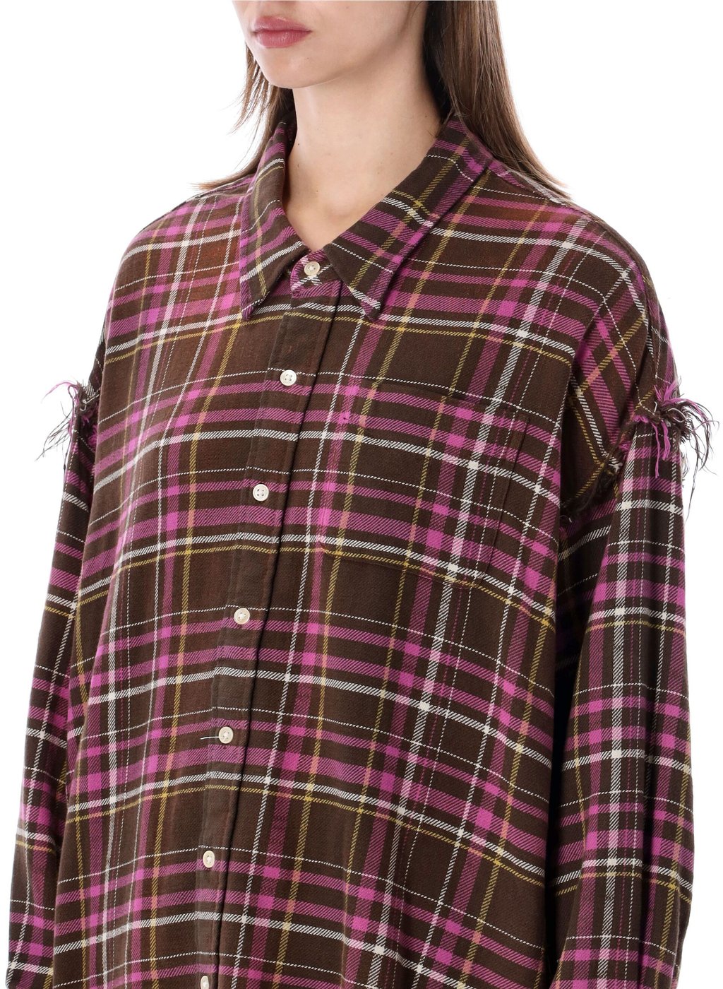 Shredded Seam Drop Neck Shirt Brown Pink Plaid