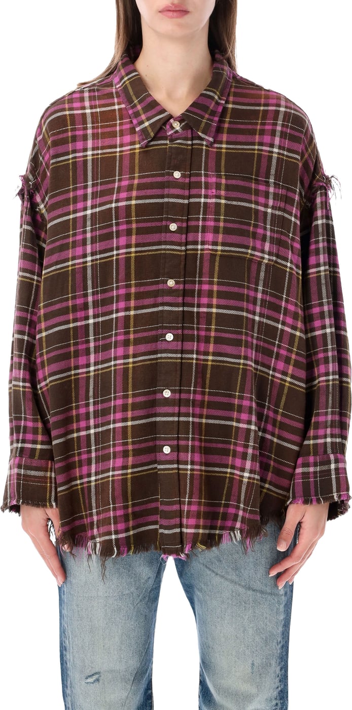 Shredded Seam Drop Neck Shirt Brown Pink Plaid