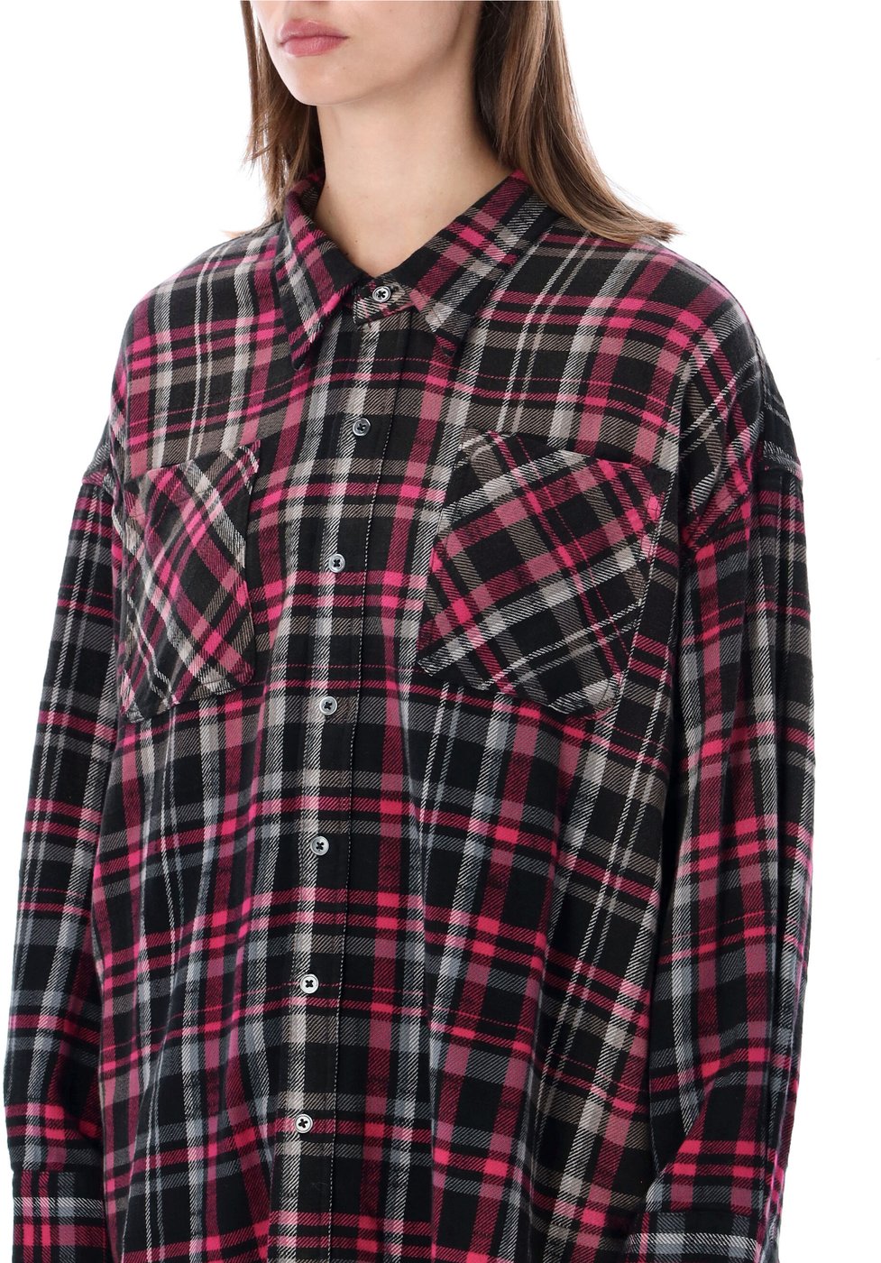 Drop Neck Workshirt Black Fuchsia Plaid