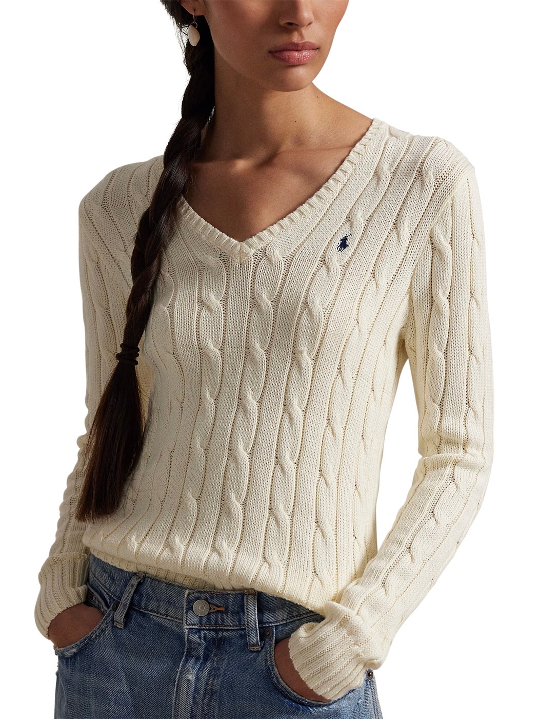 Classic Cable Knit V-Neck Pima Cotton Sweater