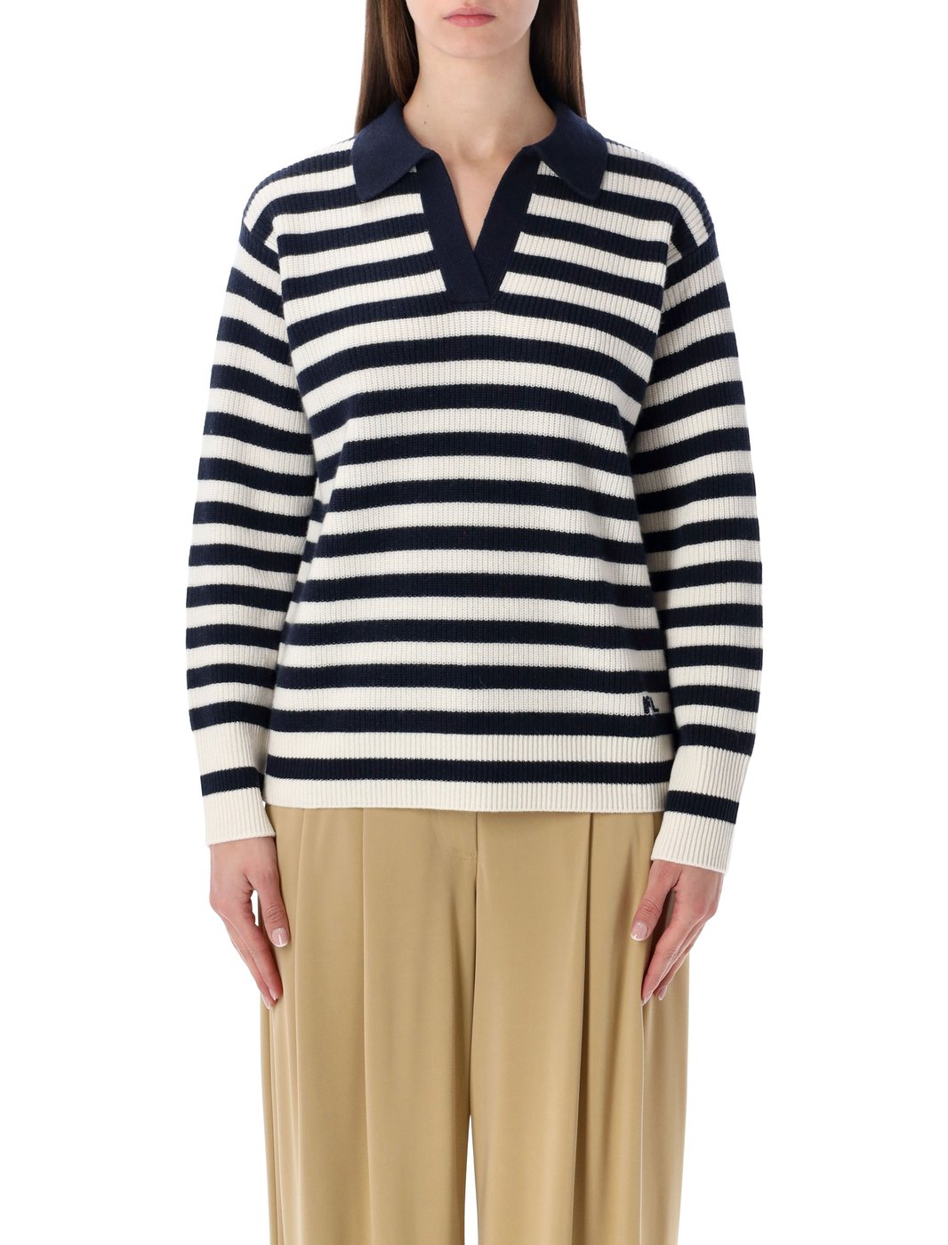 Horizontal Stripe Cashmere Polo Sweater