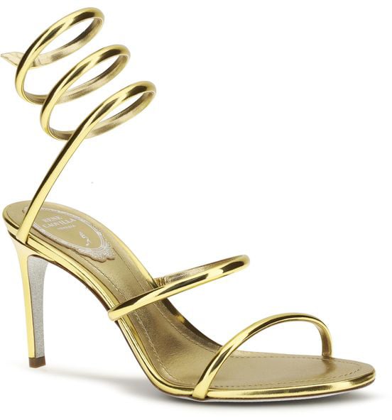 RENE CAOVILLA Gold Calf Leather Bos Taurus Stiletto Heel Sandals