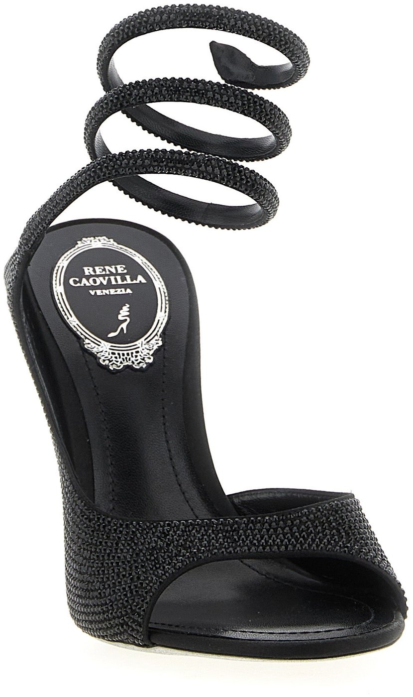 RENE CAOVILLA Black Satin Stiletto Heel Sandals