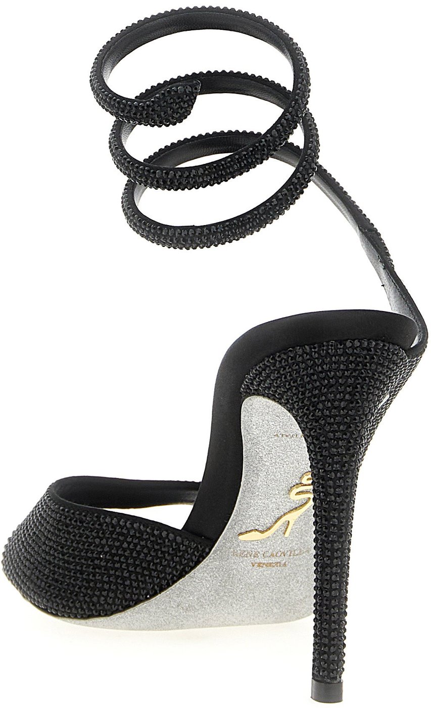 RENE CAOVILLA Black Satin Stiletto Heel Sandals
