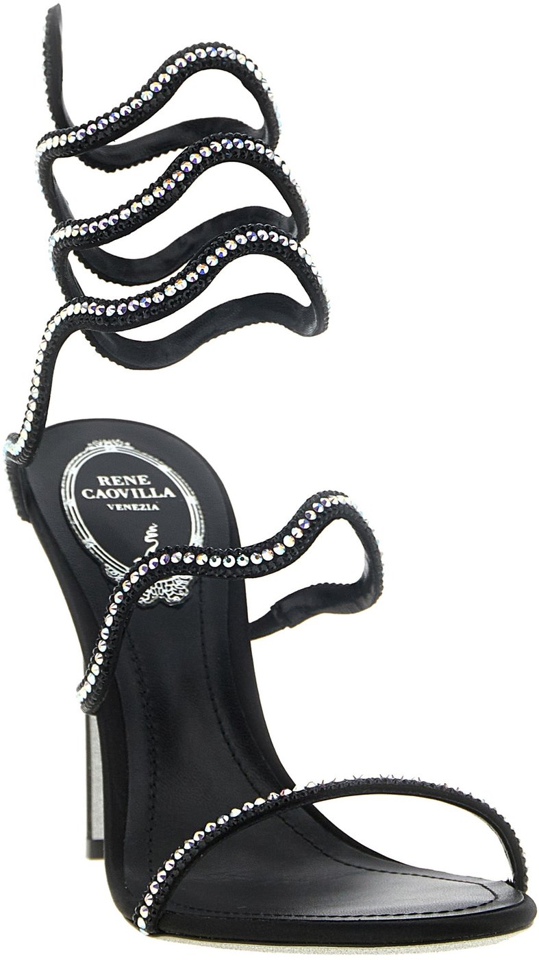 RENE CAOVILLA Black Satin Stiletto Heel Sandals