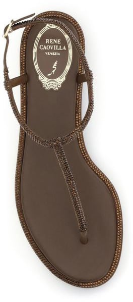 RENE CAOVILLA Brown Satin Flat Sandals