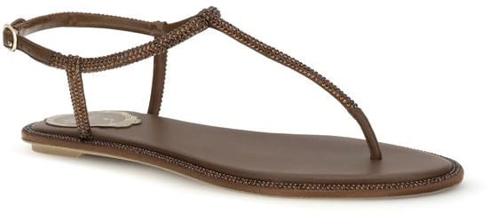 RENE CAOVILLA Brown Satin Flat Sandals