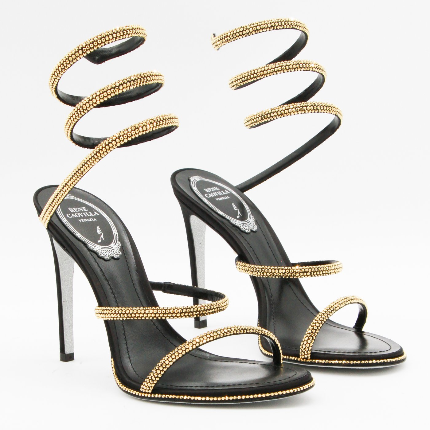 High-Heeled Black Sandals with Gold-tone Studded Ankle Strap