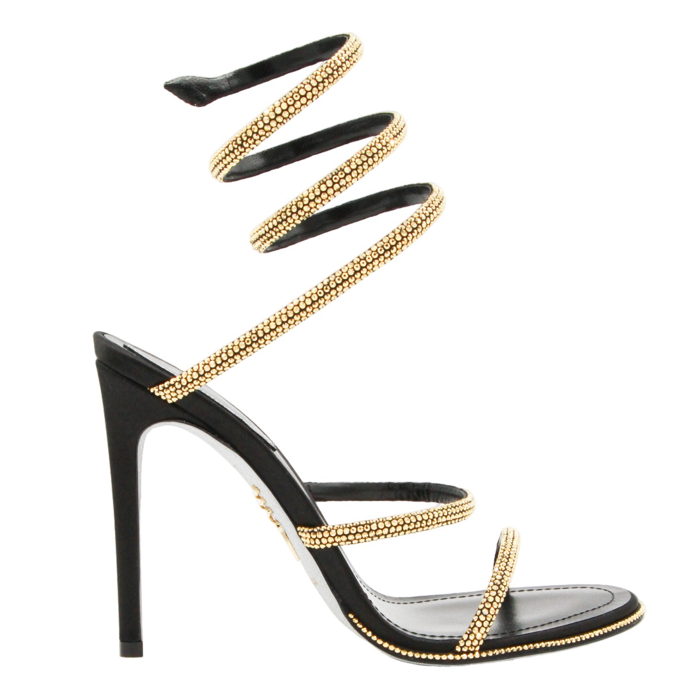 High-Heeled Black Sandals with Gold-tone Studded Ankle Strap